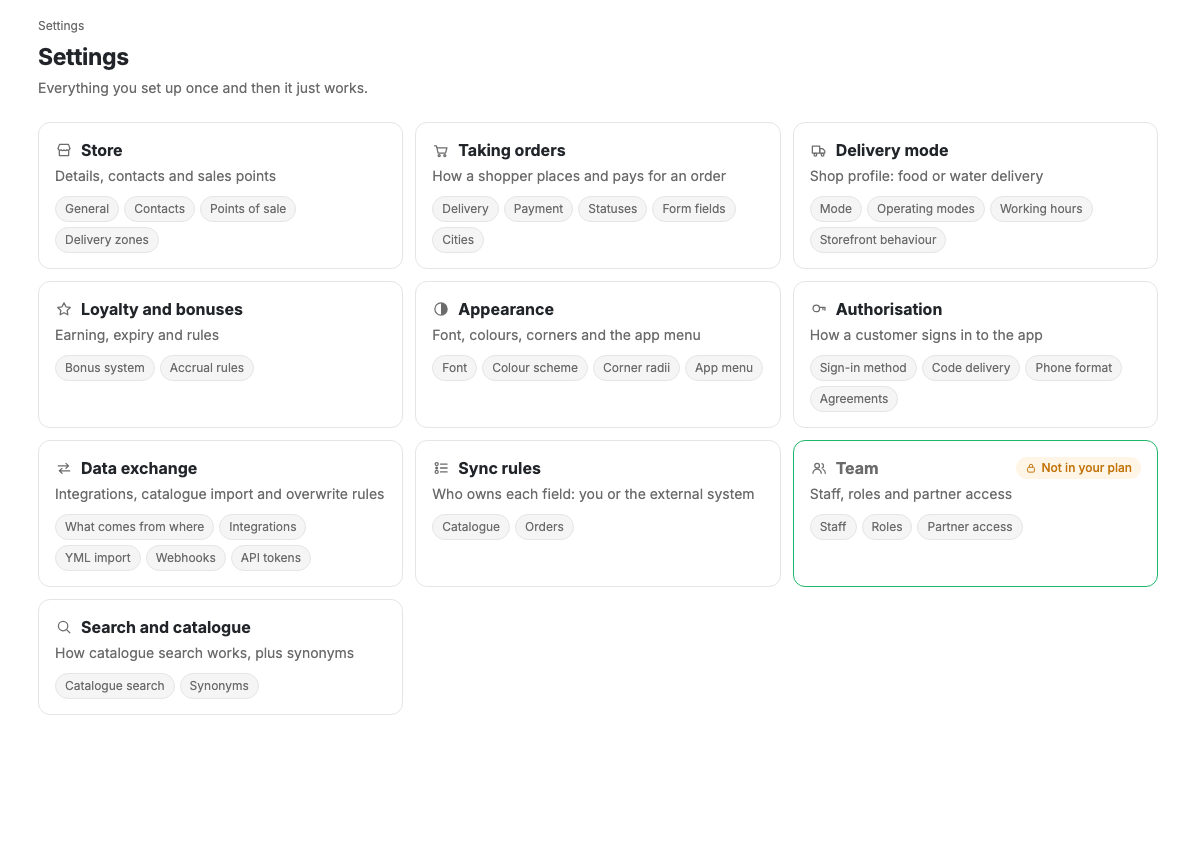 The settings hub