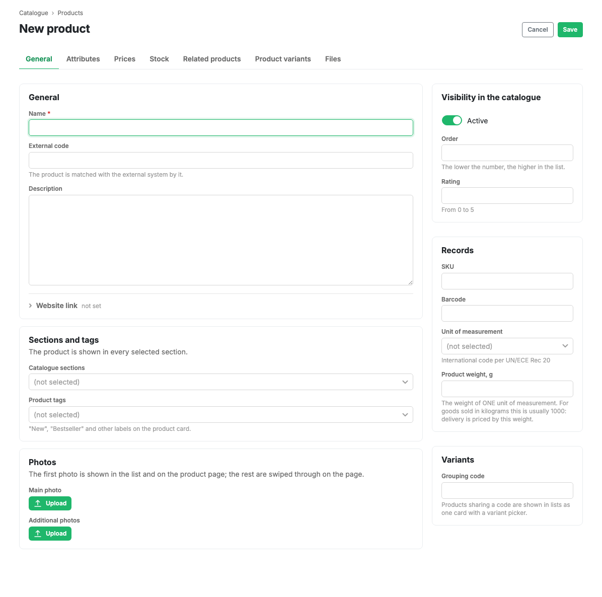 Product card, the General tab