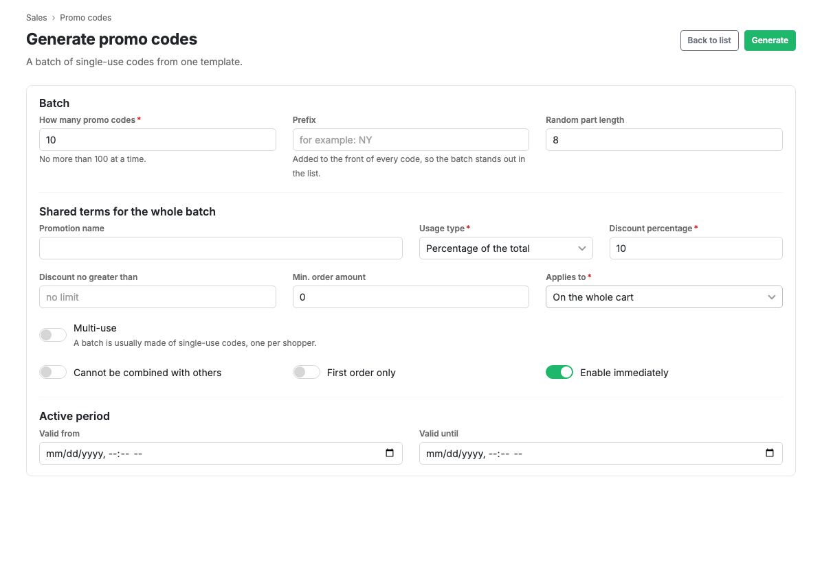 Promo code generation