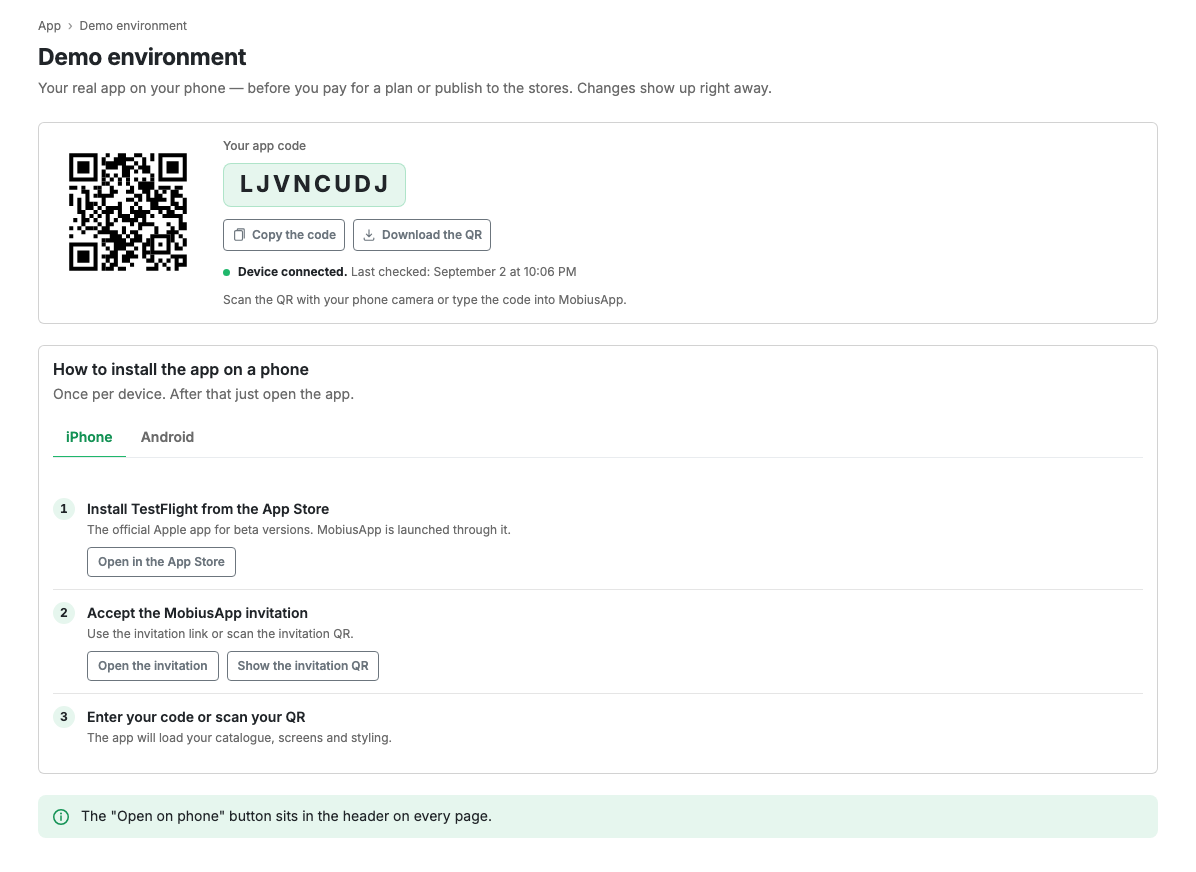 The demo environment with a QR code