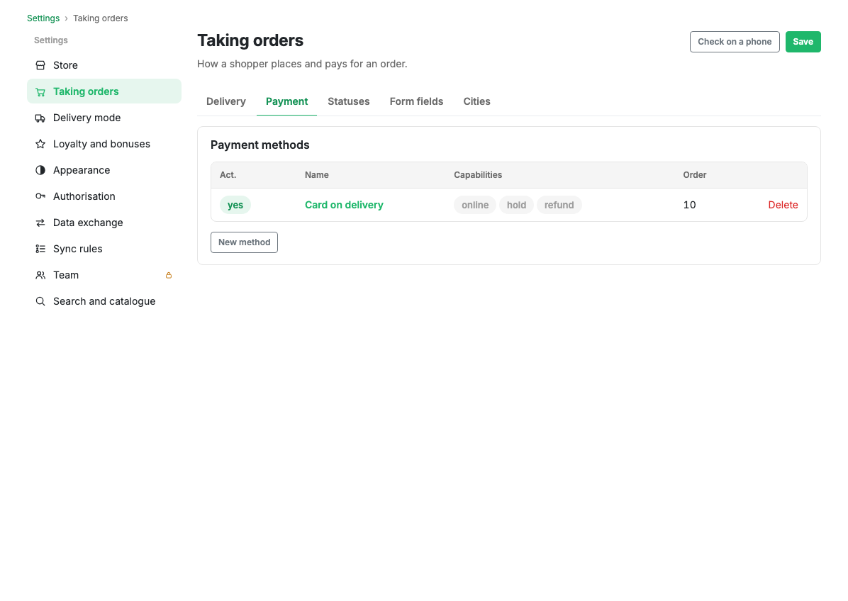 The Payment tab