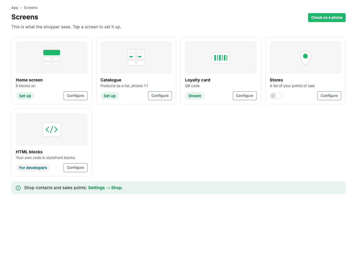 The app screens hub