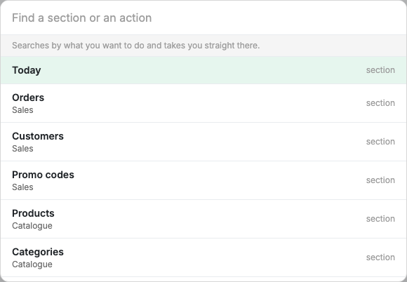 Search across sections and actions