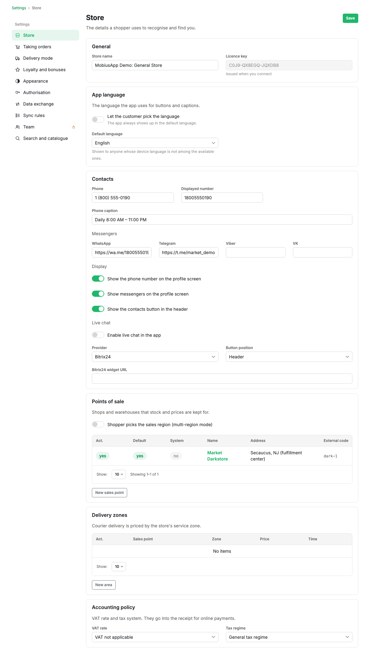 Store settings